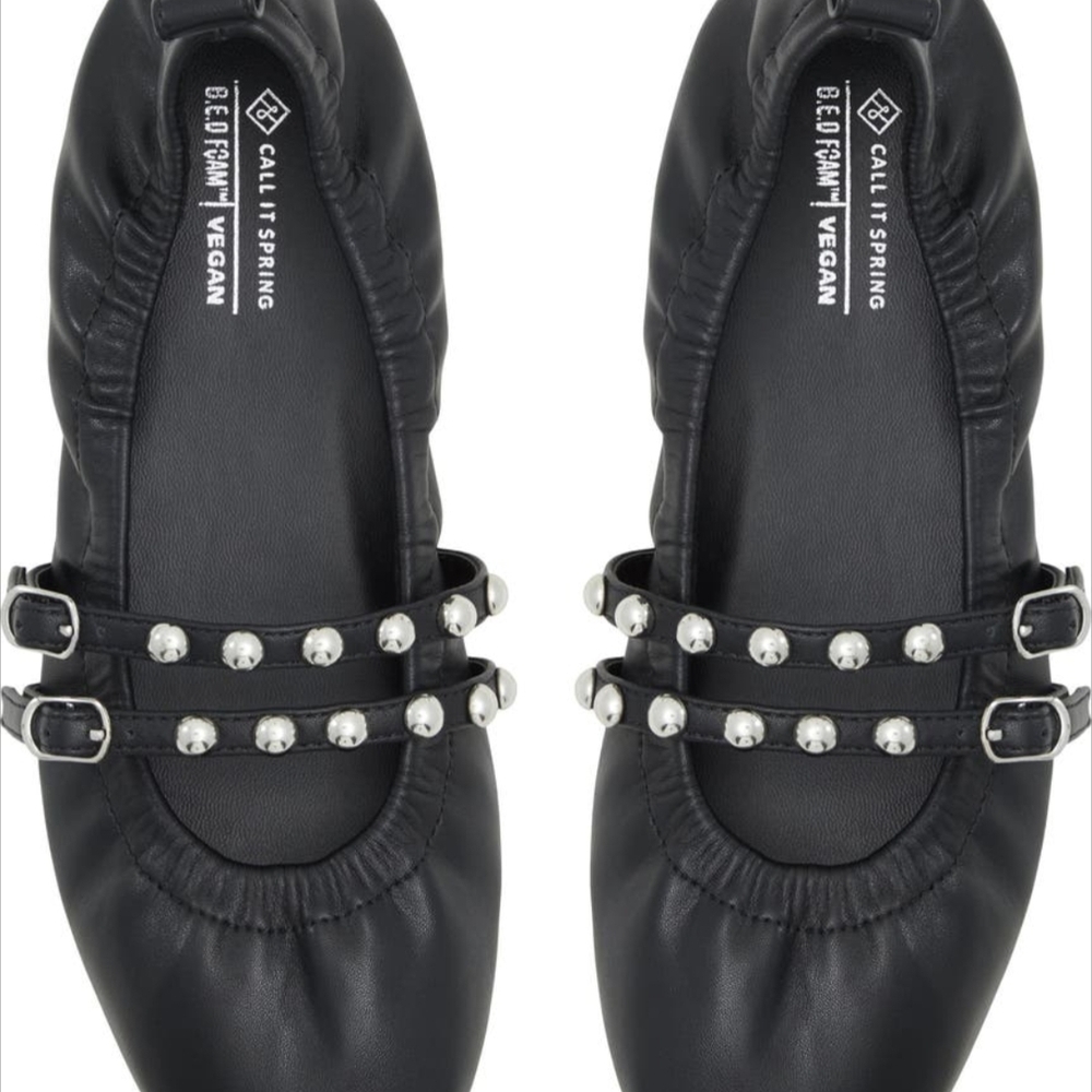Call It Spring Black Vegan Mary Jane Flats with Studded Straps